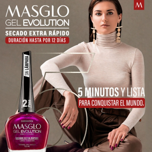 SISTEMA COMPLETO MASGLO GEL EVOLUTION BASE, TONO AUSENTE Y BRILLO 135 ML - Sistema 3 pasos que seca en 5 minutos, dura semanas y no maltrata la uña