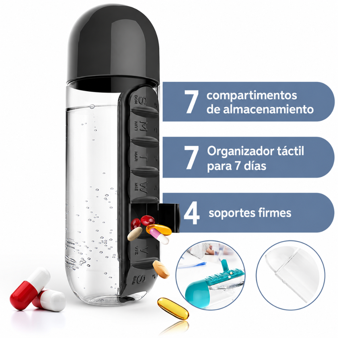 ORGANIZADOR DE VITAMINAS 2 EN 1 — El termo y el pastillero en un solo objeto. Tu rutina, simple y siempre lista.