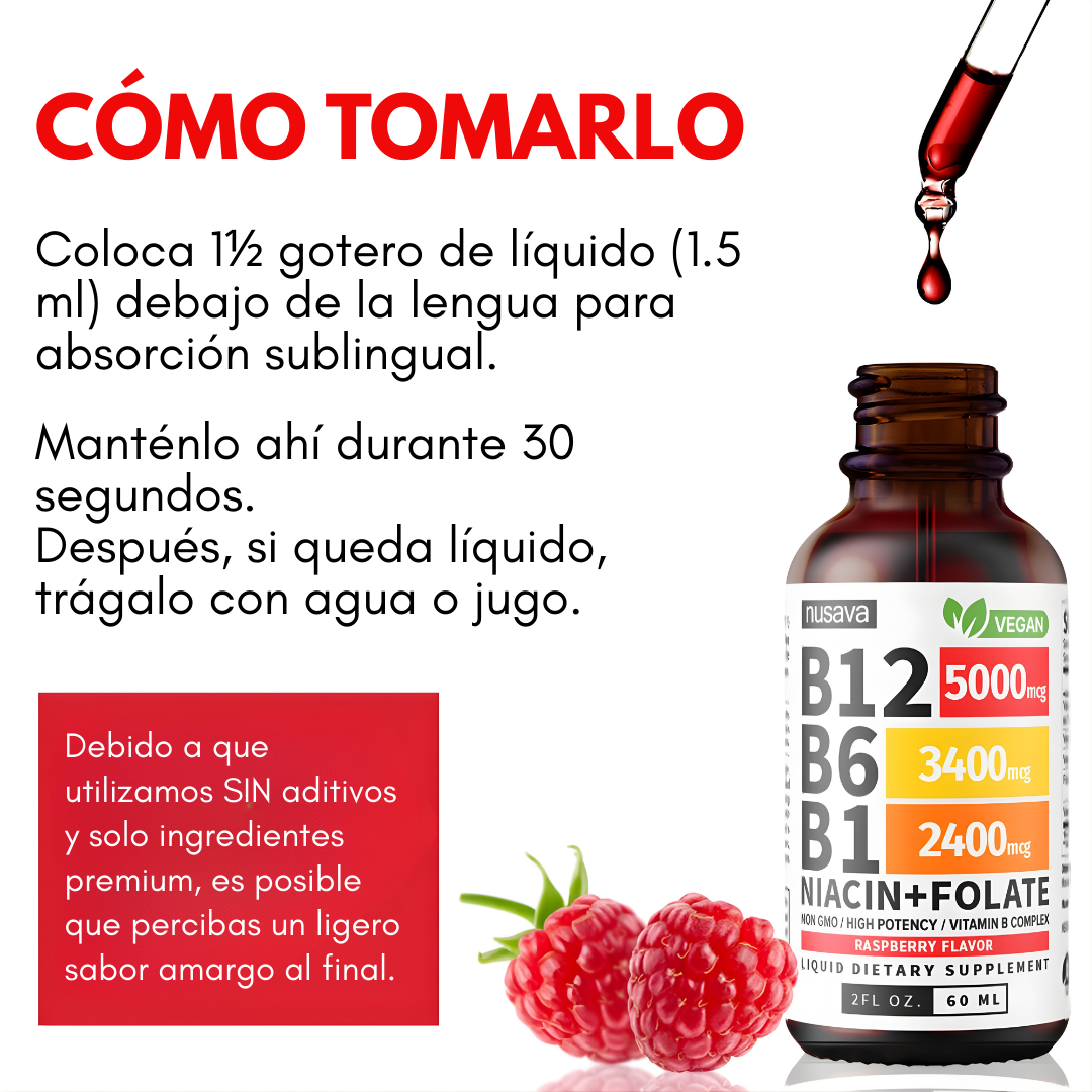 PAQUETE DE DOS GOTAS LÍQUIDAS DE VITAMINA B12 Y B6, COMPLEJO DE VITAMINA B – Energía diaria, apoyo metabólico y bienestar integral
