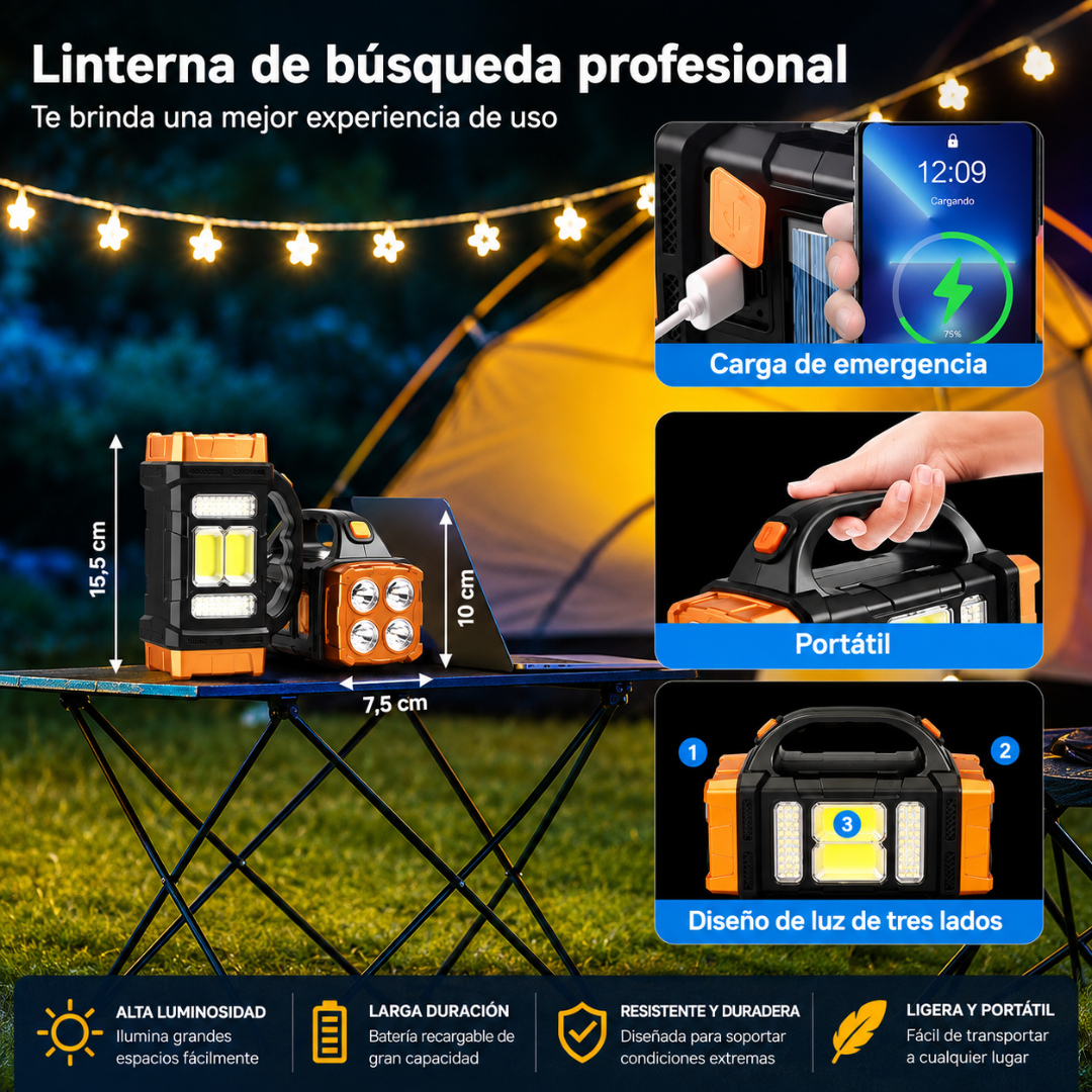 LINTERNA LED RECARGABLE – Iluminación potente y carga auxiliar para cualquier emergencia