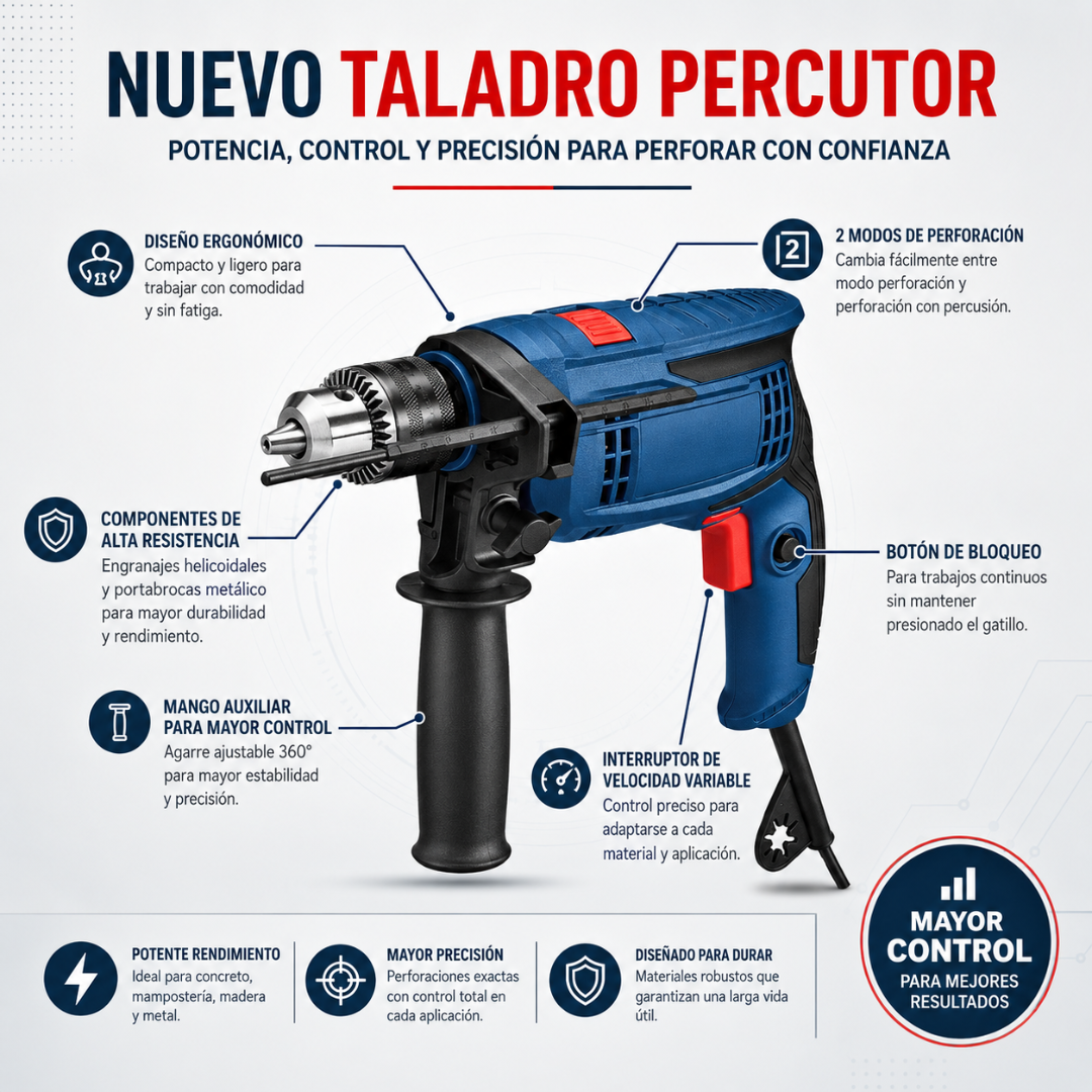 BARRENO – Potencia y control para perforar paredes, madera y metal con facilidad