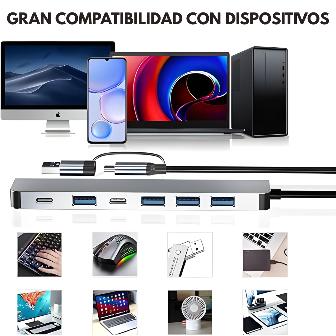 HUB USB 7 EN 1 DE ALTA VELOCIDAD – Más puertos, más orden y máxima productividad en cada conexión