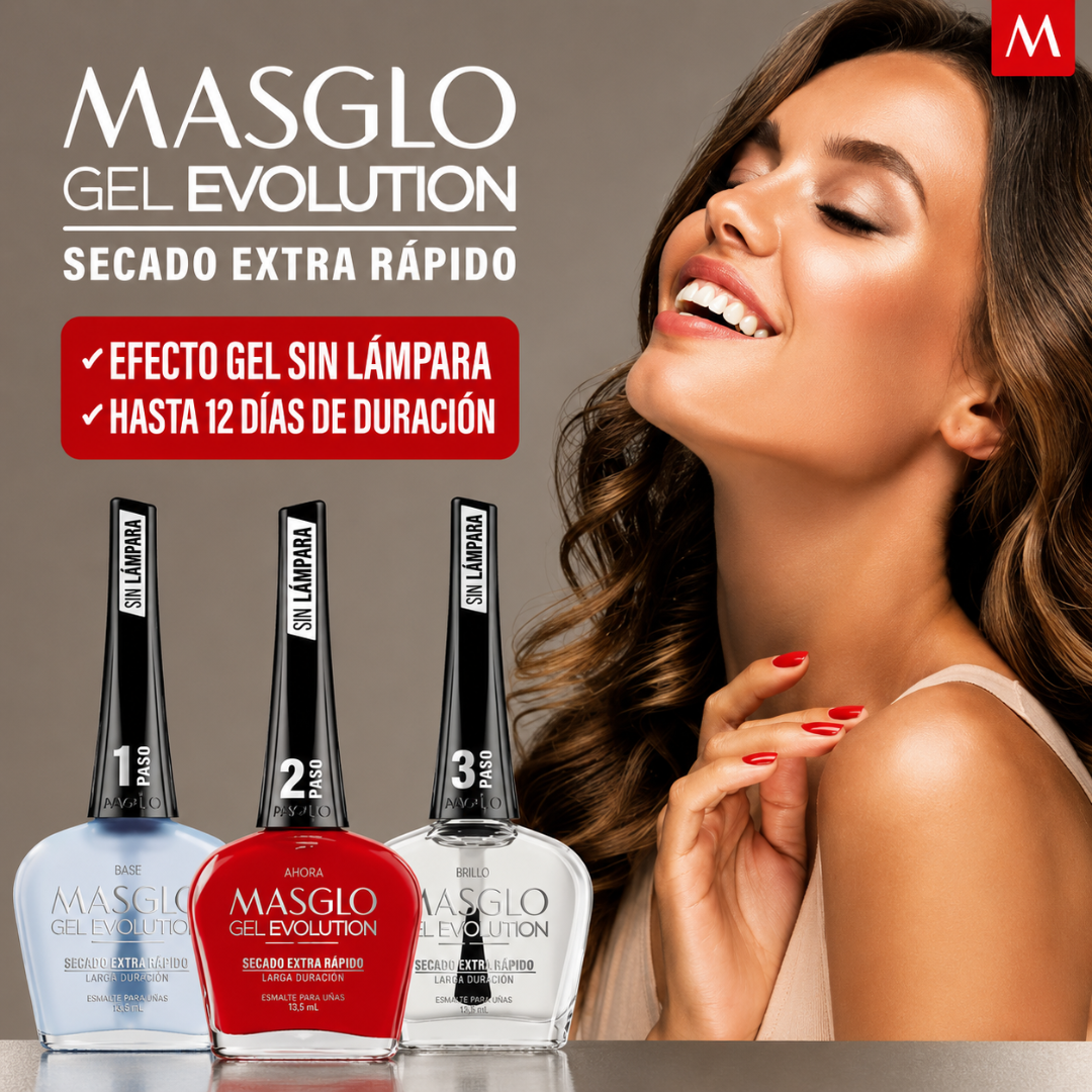 SISTEMA COMPLETO MASGLO GEL EVOLUTION BASE, TONO AUSENTE Y BRILLO 135 ML - Sistema 3 pasos que seca en 5 minutos, dura semanas y no maltrata la uña