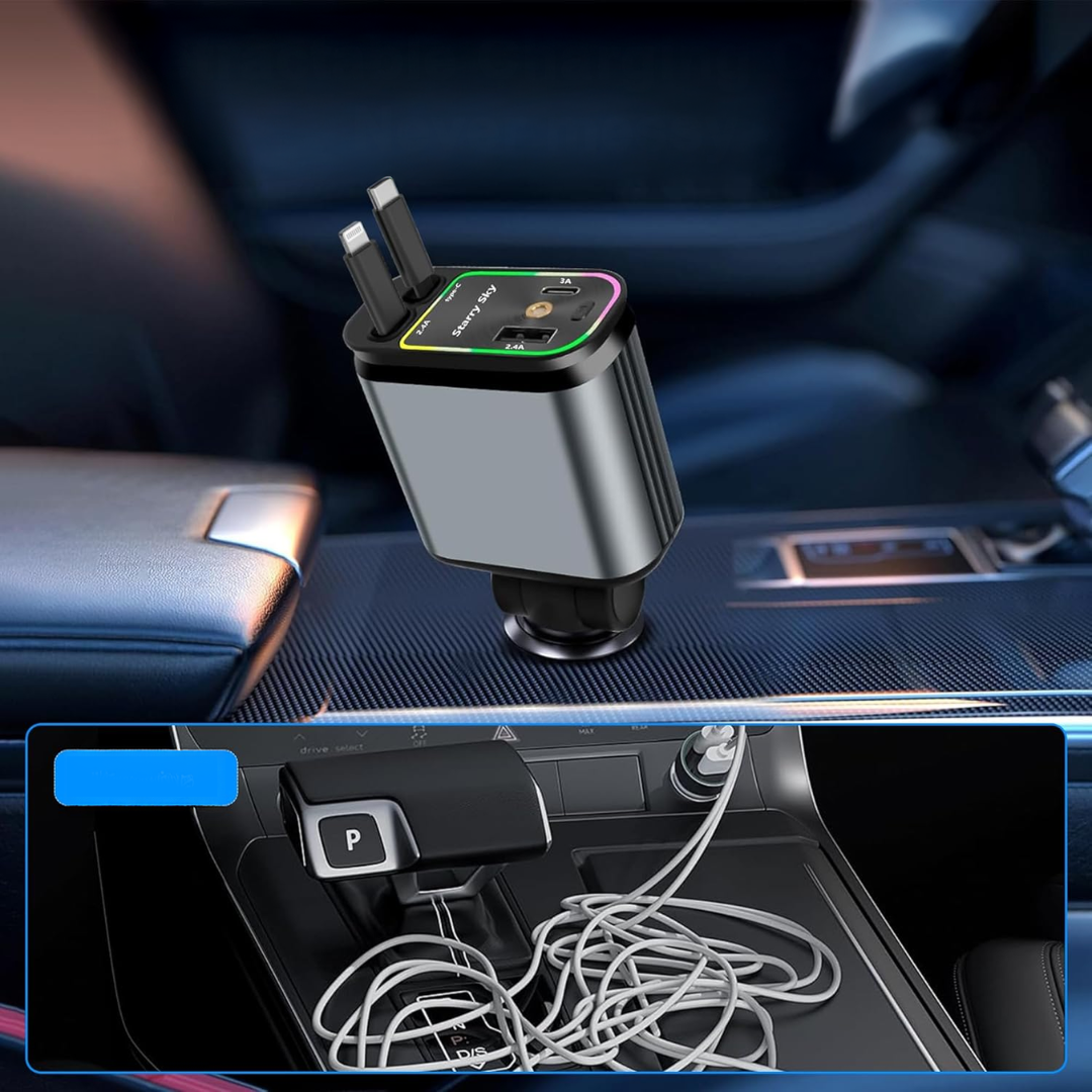 CARGADOR PARA AUTO 4 EN 1 – Potencia, rapidez y orden en cada viaje