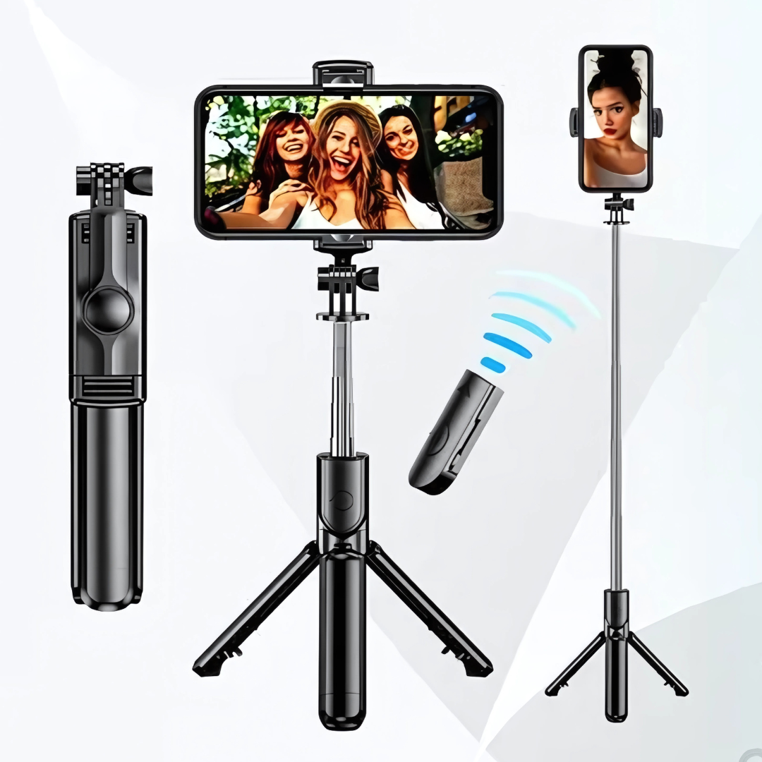 Trípode 3 en 1 – Soporte, selfie stick y control remoto en un solo dispositivo
