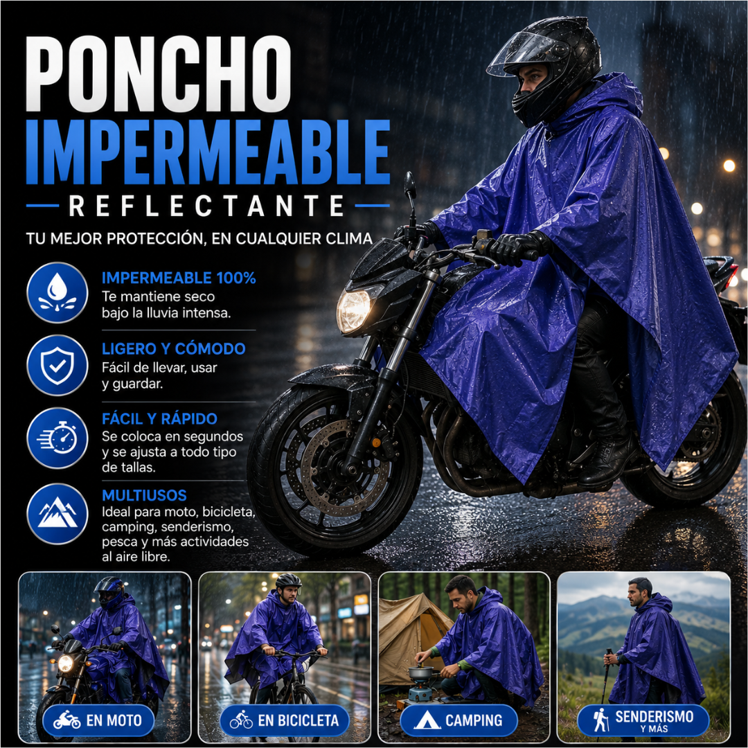 PONCHO IMPERMEABLE REFLECTANTE – Protección total bajo la lluvia, con máxima visibilidad