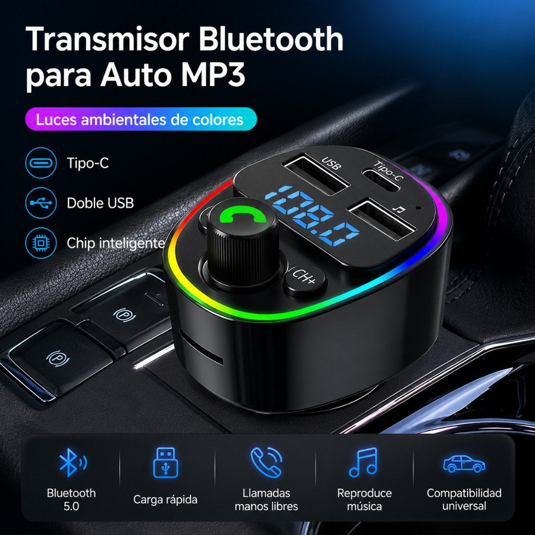 REPRODUCTOR MP3 FM BLUETOOTH PARA CARRO – Música, llamadas y carga inteligente en cualquier vehículo