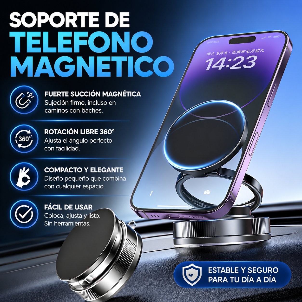 SOPORTE DE TELÉFONO MAGNÉTICO – Celular firme, visible y siempre a mano en cualquier lugar