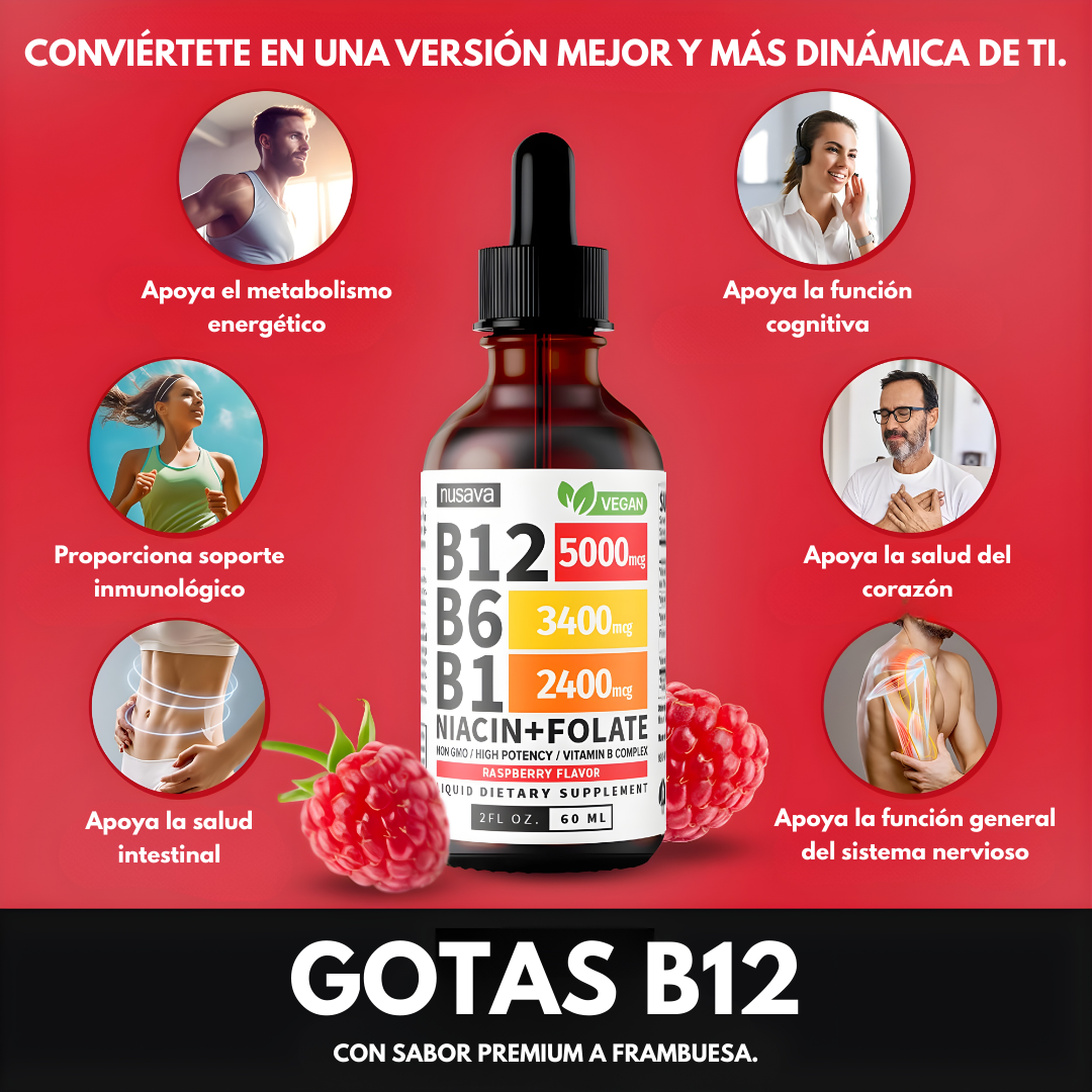 PAQUETE DE DOS GOTAS LÍQUIDAS DE VITAMINA B12 Y B6, COMPLEJO DE VITAMINA B – Energía diaria, apoyo metabólico y bienestar integral