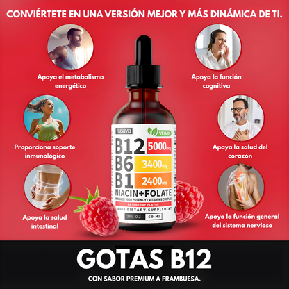 PAQUETE DE DOS GOTAS LÍQUIDAS DE VITAMINA B12 Y B6, COMPLEJO DE VITAMINA B – Energía diaria, apoyo metabólico y bienestar integral
