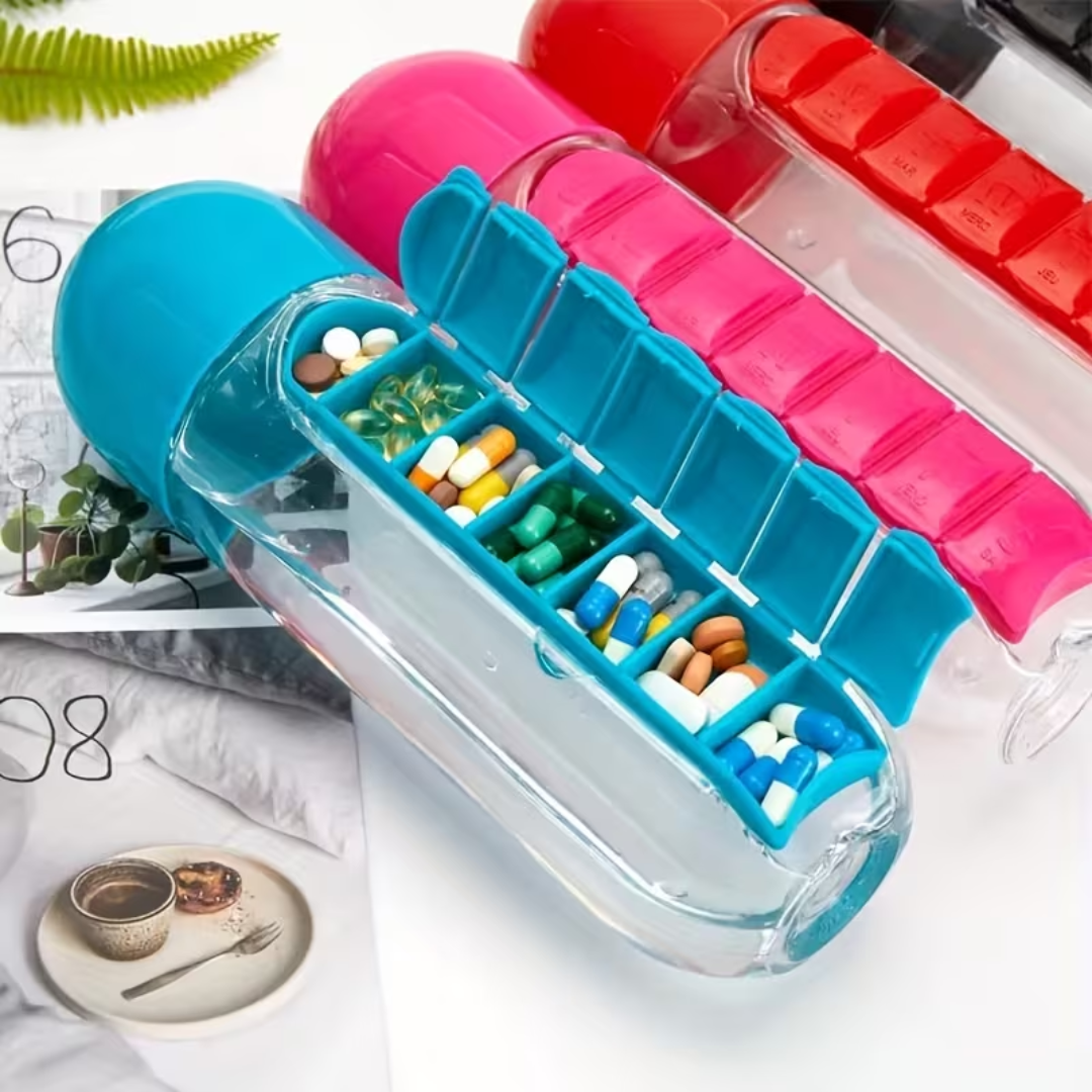 ORGANIZADOR DE VITAMINAS 2 EN 1 — El termo y el pastillero en un solo objeto. Tu rutina, simple y siempre lista.
