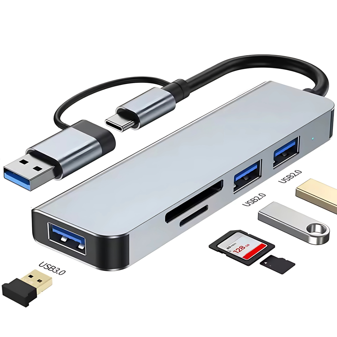 HUB TIPO C 5 EN 1 - (3 PUERTOS USB, 1 PUERTO SD, 1 PUERTO TF) – Conecta todo desde un solo puerto