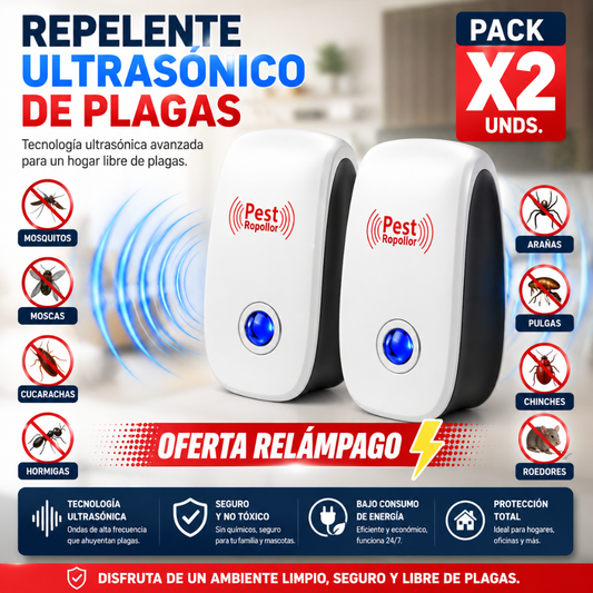REPELENTE SÓNICO PACK X2 – Protección práctica contra plagas, solo conecta y deja actuar