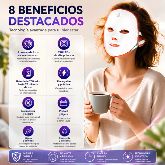 MÁSCARA DE TRATAMIENTO FACIAL LED - Rejuvenece tu piel con luz terapéutica y cuidado facial en casa