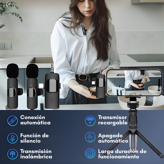 MICRÓFONO INALÁMBRICO LAVALIER 3 EN 1 – Audio claro, conexión versátil y grabaciones profesionales sin cables