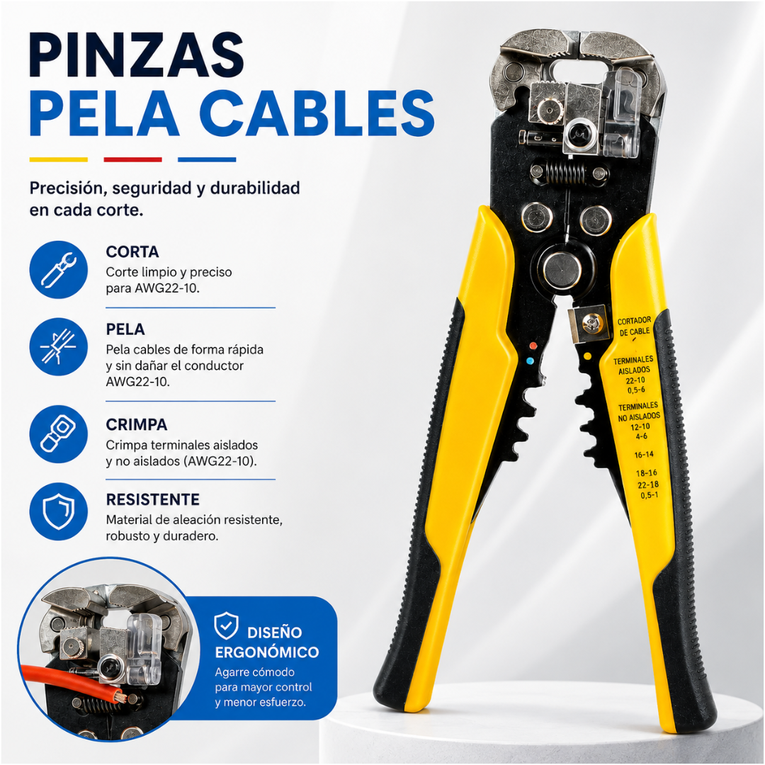 PINZAS PELA CABLES — Pelar, cortar y crimpar con una sola herramienta
