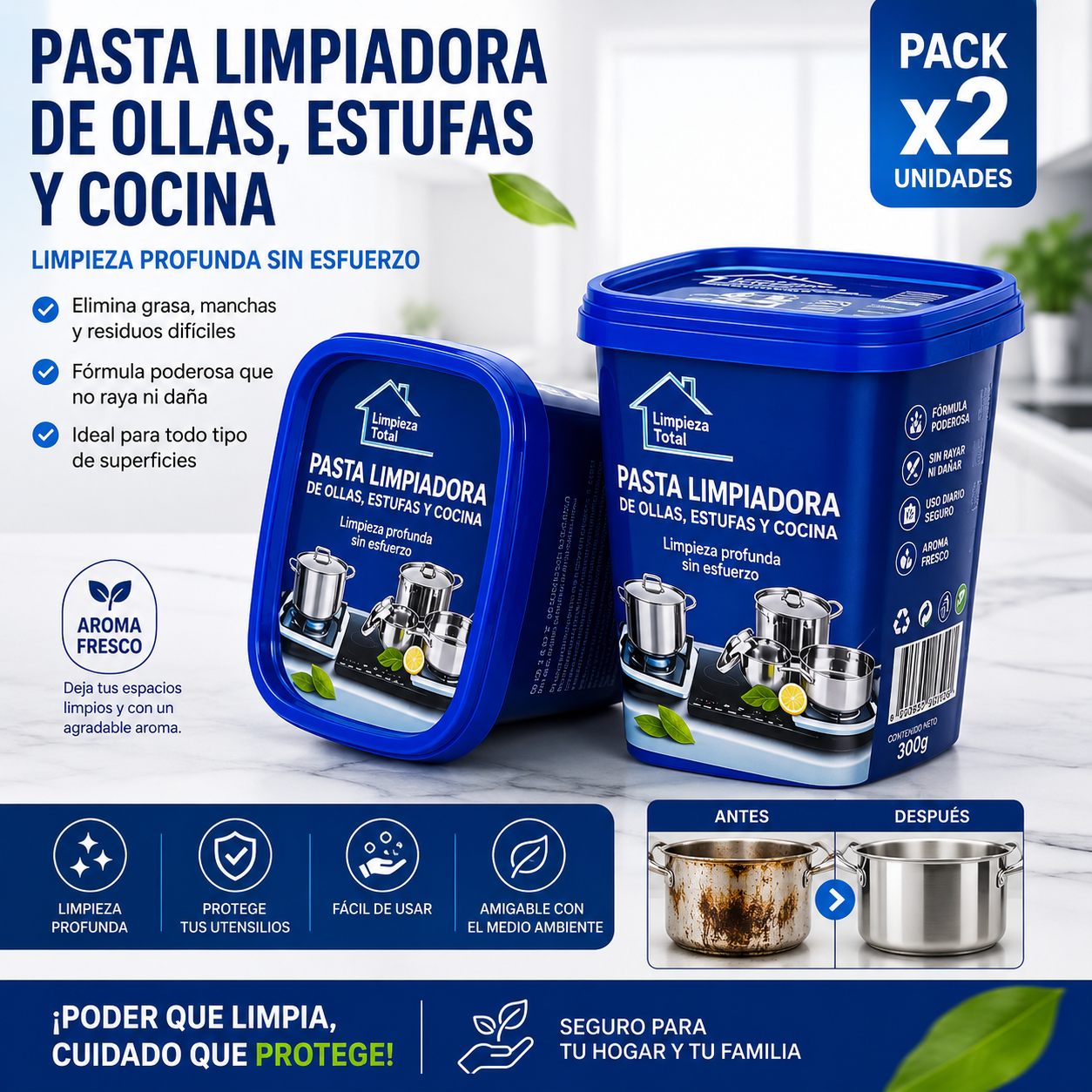 PASTA LIMPIADORA DE OLLAS, ESTUFAS Y COCINA (PACK x2) – Limpieza profunda, brillo inmediato y menos esfuerzo