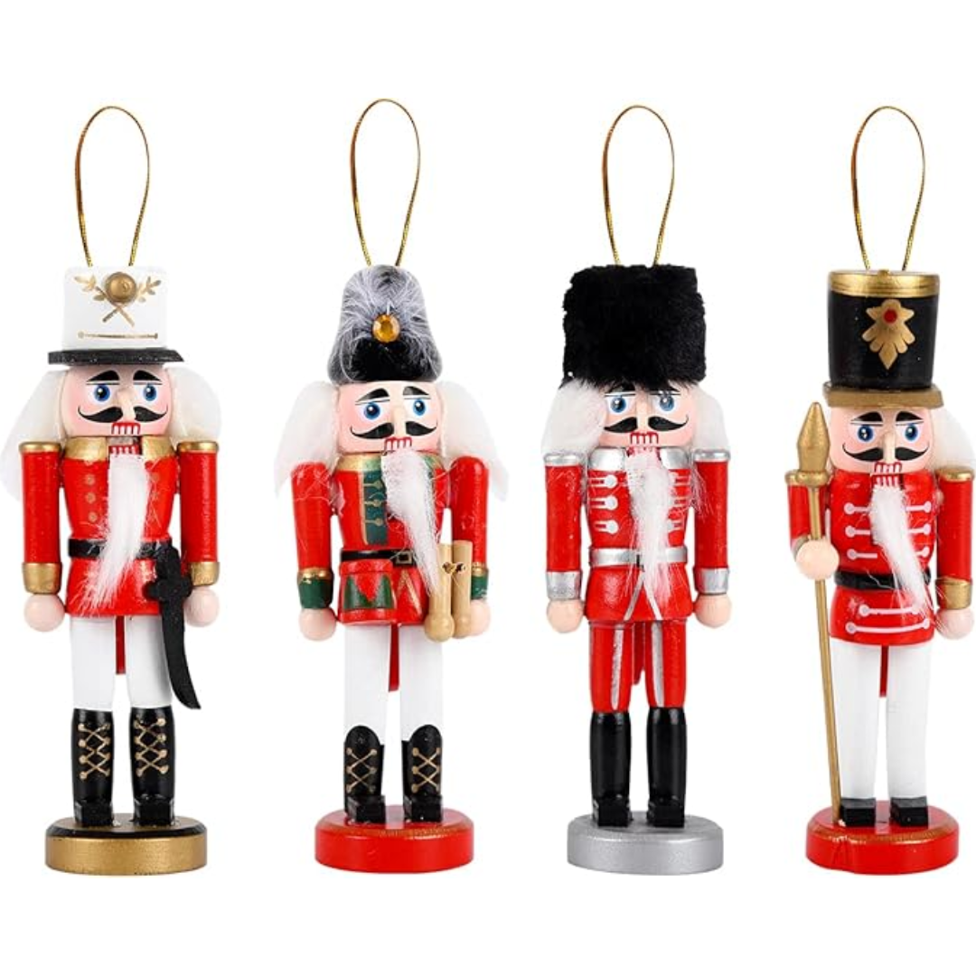 SET DE 4 ADORNOS CASCANUECES – Tradición, color y encanto para tu árbol de Navidad