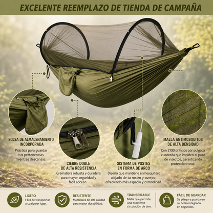 HAMACA DE CAMPING CON MOSQUITERO – Duerme seguro, descansa sin intrusos.