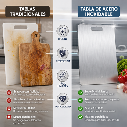 TABLA DE PICAR DE ACERO INOXIDABLE – Higiene superior, cero microplásticos y durabilidad profesional en tu cocina