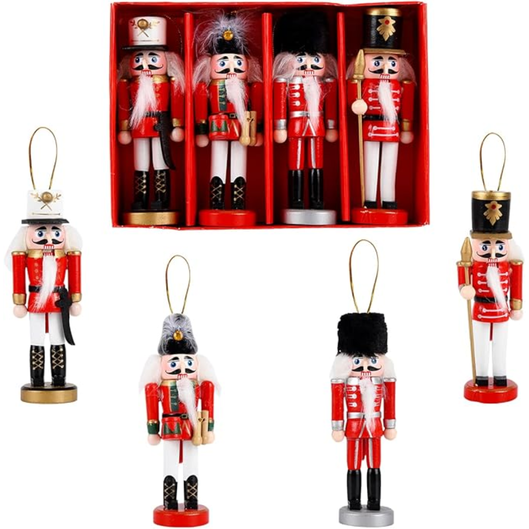 SET DE 4 ADORNOS CASCANUECES – Tradición, color y encanto para tu árbol de Navidad