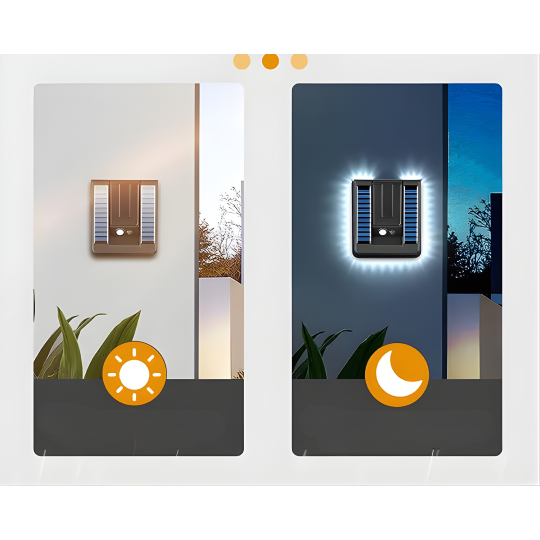 LÁMPARA DE PARED SOLAR CON SENSOR DE MOVIMIENTO – Iluminación automática, ahorro energético y seguridad exterior