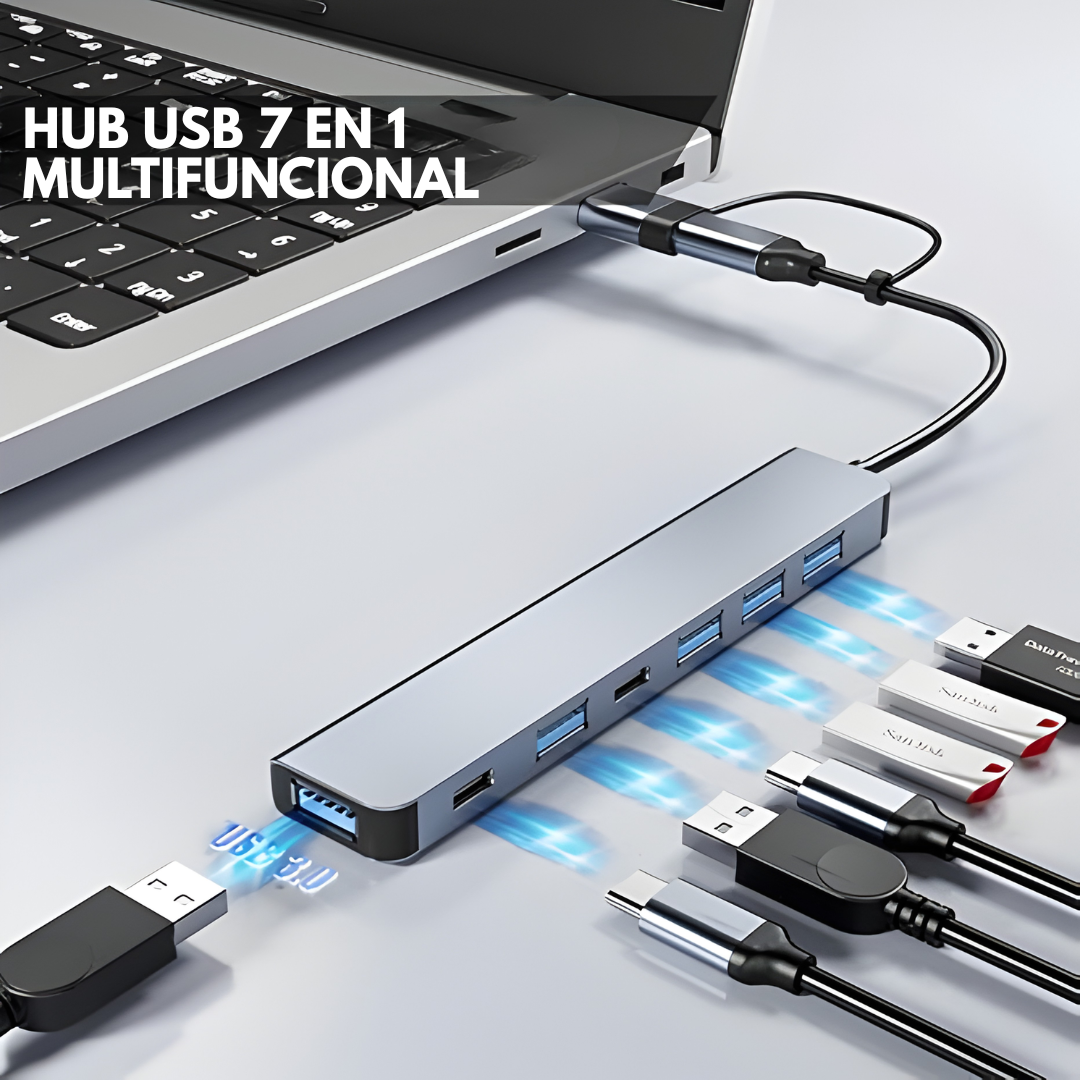 HUB USB 7 EN 1 DE ALTA VELOCIDAD – Más puertos, más orden y máxima productividad en cada conexión