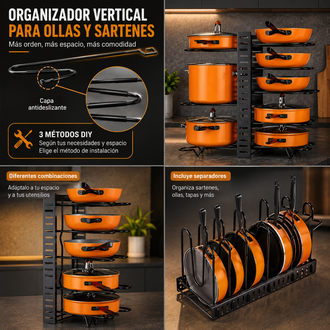 ORGANIZADOR VERTICAL PARA OLLAS Y SARTENES – Orden adaptable en tu cocina