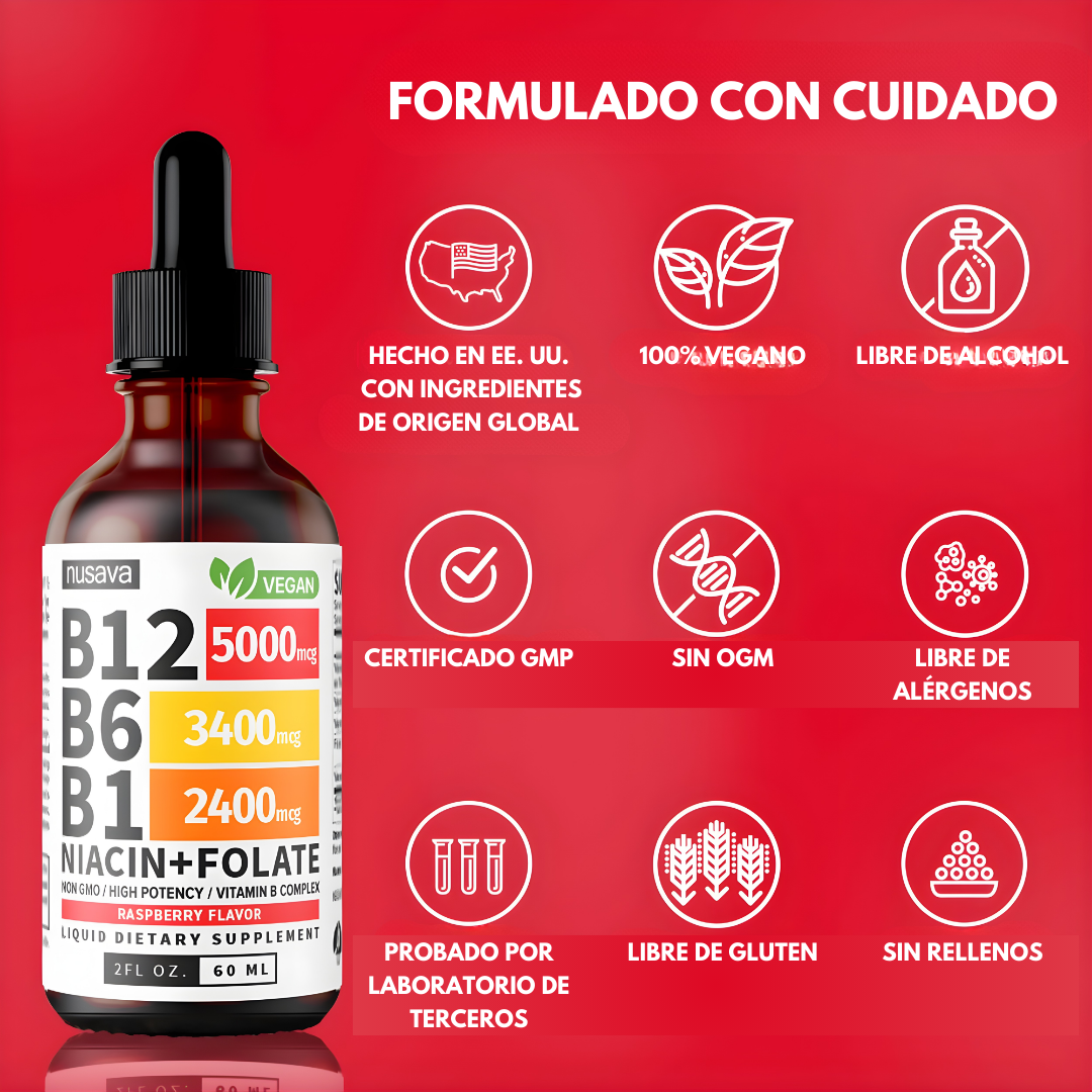 PAQUETE DE DOS GOTAS LÍQUIDAS DE VITAMINA B12 Y B6, COMPLEJO DE VITAMINA B – Energía diaria, apoyo metabólico y bienestar integral