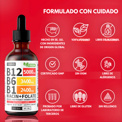 PAQUETE DE DOS GOTAS LÍQUIDAS DE VITAMINA B12 Y B6, COMPLEJO DE VITAMINA B – Energía diaria, apoyo metabólico y bienestar integral