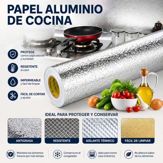 PAPEL ALUMINIO DE COCINA 2*40 CM (PACK x2) – Protege tus superficies y mantén tu cocina limpia por más tiempo