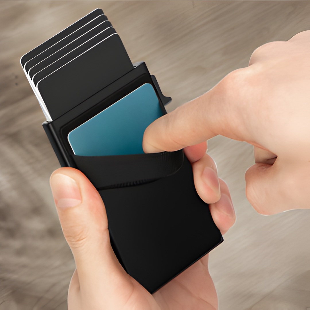 PORTA TARJETERA COLOR NEGRO BILLETERA POP UP – Protección total, diseño delgado y acceso rápido a tus tarjetas