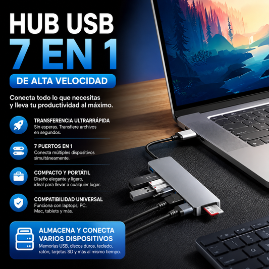 HUB USB 7 EN 1 DE ALTA VELOCIDAD – Más puertos, más orden y máxima productividad en cada conexión