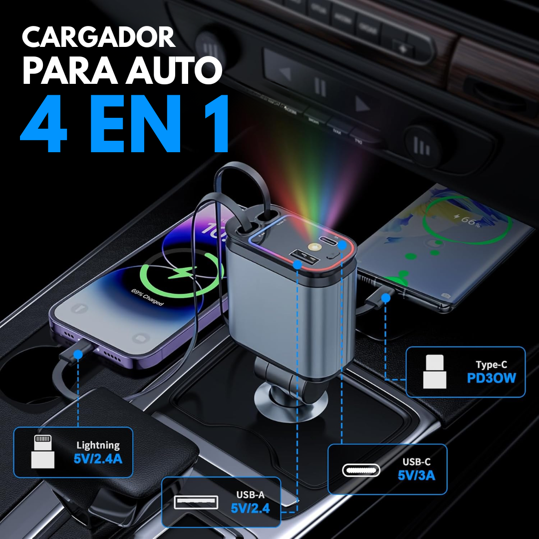 CARGADOR DE CARRO 4 EN 1 – Potencia, rapidez y orden en cada viaje