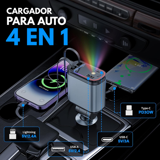 CARGADOR DE CARRO 4 EN 1 – Potencia, rapidez y orden en cada viaje