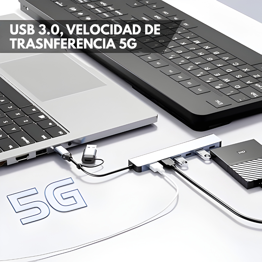 HUB USB 7 EN 1 DE ALTA VELOCIDAD – Más puertos, más orden y máxima productividad en cada conexión