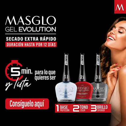 SISTEMA COMPLETO MASGLO GEL EVOLUTION BASE, TONO AUSENTE Y BRILLO 135 ML - Sistema 3 pasos que seca en 5 minutos, dura semanas y no maltrata la uña