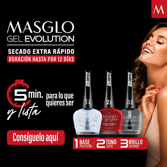 SISTEMA COMPLETO MASGLO GEL EVOLUTION BASE, TONO AUSENTE Y BRILLO 135 ML - Sistema 3 pasos que seca en 5 minutos, dura semanas y no maltrata la uña