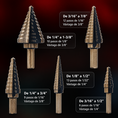 SET DE BROCAS ESCALONADAS — Una broca, múltiples tamaños, madera metal y plástico