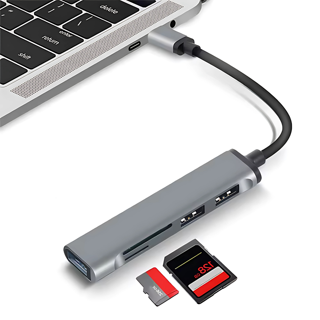 HUB TIPO C 5 EN 1 - (3 PUERTOS USB, 1 PUERTO SD, 1 PUERTO TF) – Conecta todo desde un solo puerto