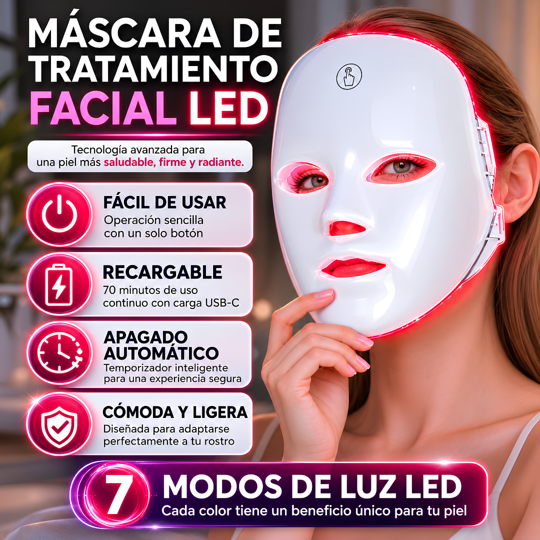 MÁSCARA DE TRATAMIENTO FACIAL LED - Rejuvenece tu piel con luz terapéutica y cuidado facial en casa