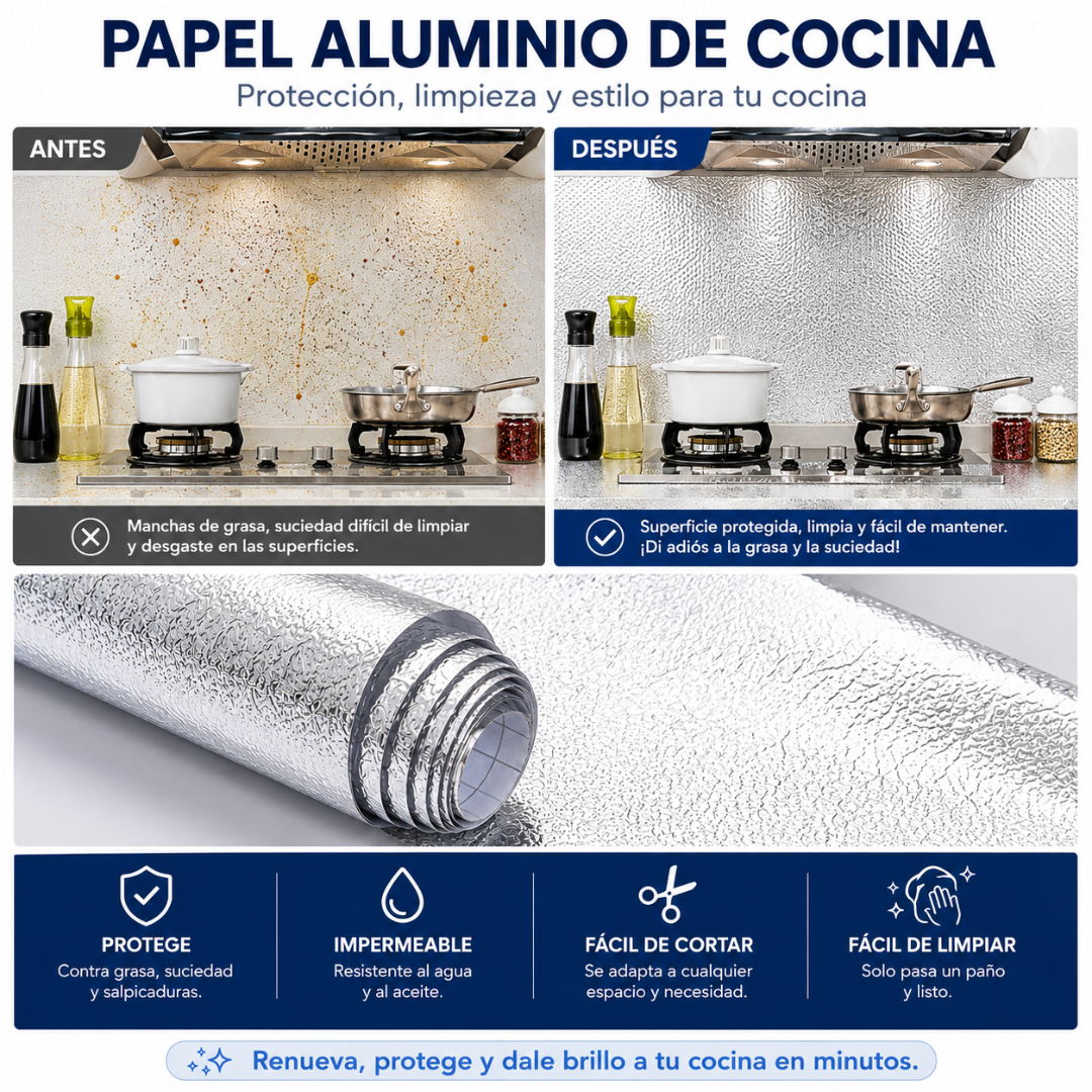 PAPEL ALUMINIO DE COCINA 2*40 CM (PACK x2) – Protege tus superficies y mantén tu cocina limpia por más tiempo