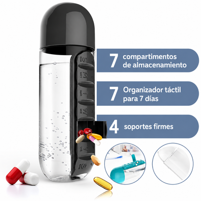 ORGANIZADOR DE VITAMINAS 2 EN 1 — El termo y el pastillero en un solo objeto. Tu rutina, simple y siempre lista.