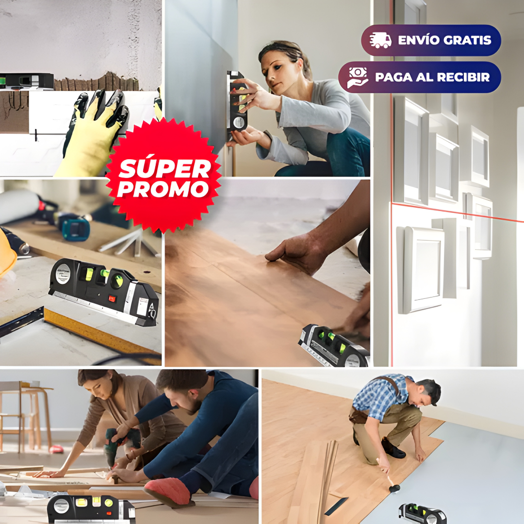 FLEXÓMETRO NIVEL LÁSER 4 EN 1 – Mide, nivela y alinea con precisión donde lo necesites