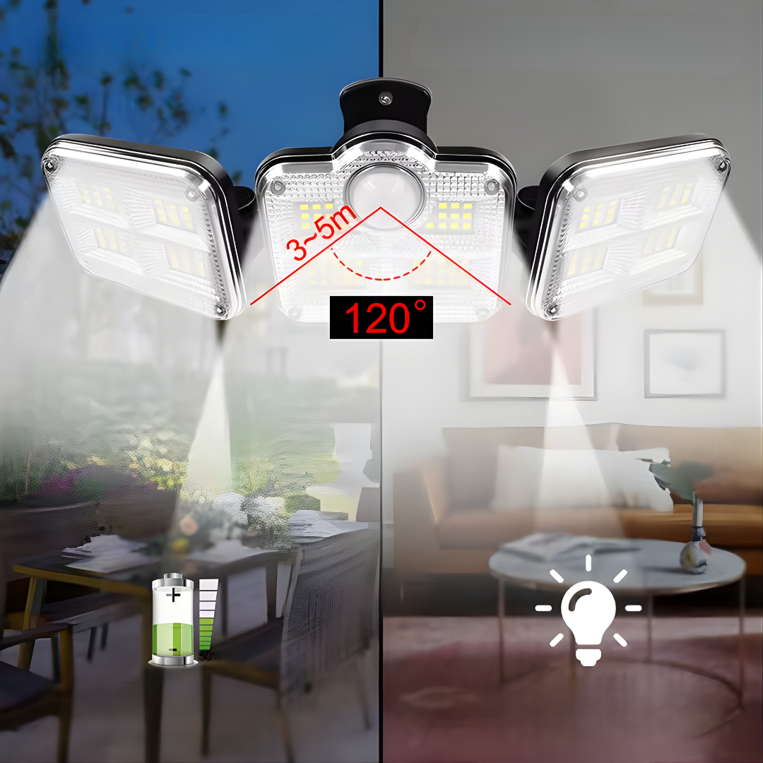 LUZ SOLAR EXTERIOR TRIPLE CABEZAL – Iluminación potente 360°, mayor cobertura y seguridad inteligente para tus espacios