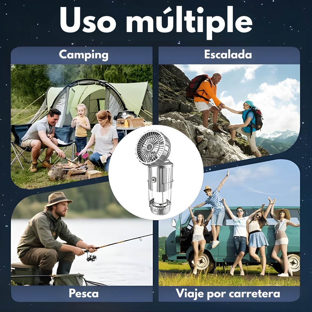 LINTERNA DE CAMPING CON VENTILADOR – Iluminación potente, frescura y energía donde estés