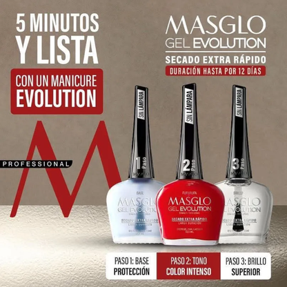 SISTEMA COMPLETO MASGLO GEL EVOLUTION BASE, TONO AUSENTE Y BRILLO 135 ML - Sistema 3 pasos que seca en 5 minutos, dura semanas y no maltrata la uña