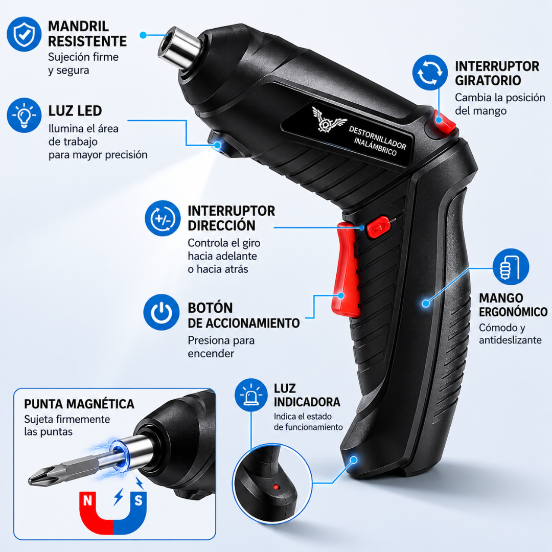 DESTORNILLADOR INALÁMBRICO – Kit completo para reparar, instalar y ensamblar con rapidez y precisión