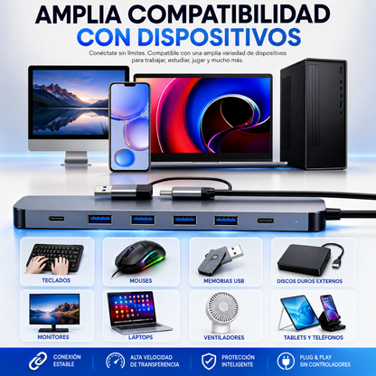 HUB USB 7 EN 1 DE ALTA VELOCIDAD – Más puertos, más orden y máxima productividad en cada conexión
