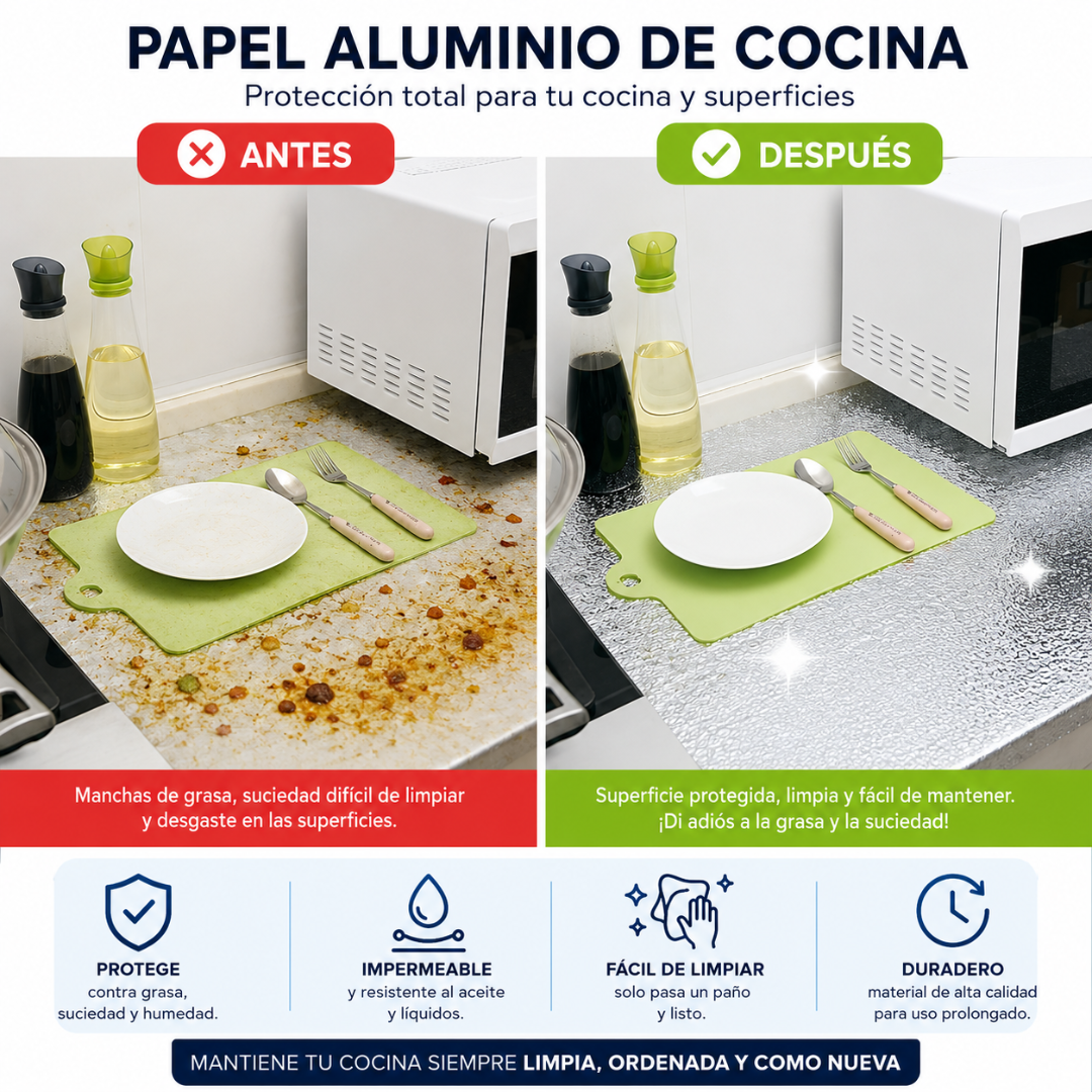 PAPEL ALUMINIO DE COCINA 2*40 CM (PACK x2) – Protege tus superficies y mantén tu cocina limpia por más tiempo